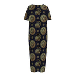 Blue And Gold Tribal Elephant Print Short Sleeve Long Nightdress