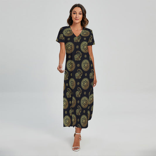 Blue And Gold Tribal Elephant Print Short Sleeve Maxi Dress
