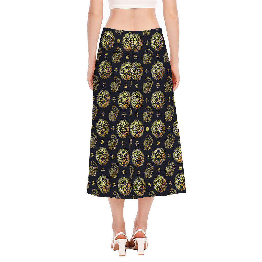 Blue And Gold Tribal Elephant Print Side Slit Midi Skirt