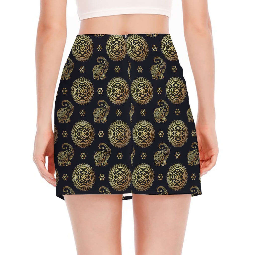 Blue And Gold Tribal Elephant Print Side Slit Mini Skirt