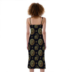 Blue And Gold Tribal Elephant Print Slim Fit Midi Cami Dress