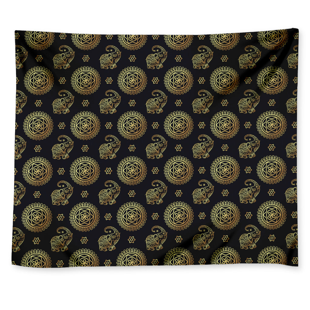 Blue And Gold Tribal Elephant Print Tapestry