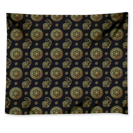 Blue And Gold Tribal Elephant Print Tapestry