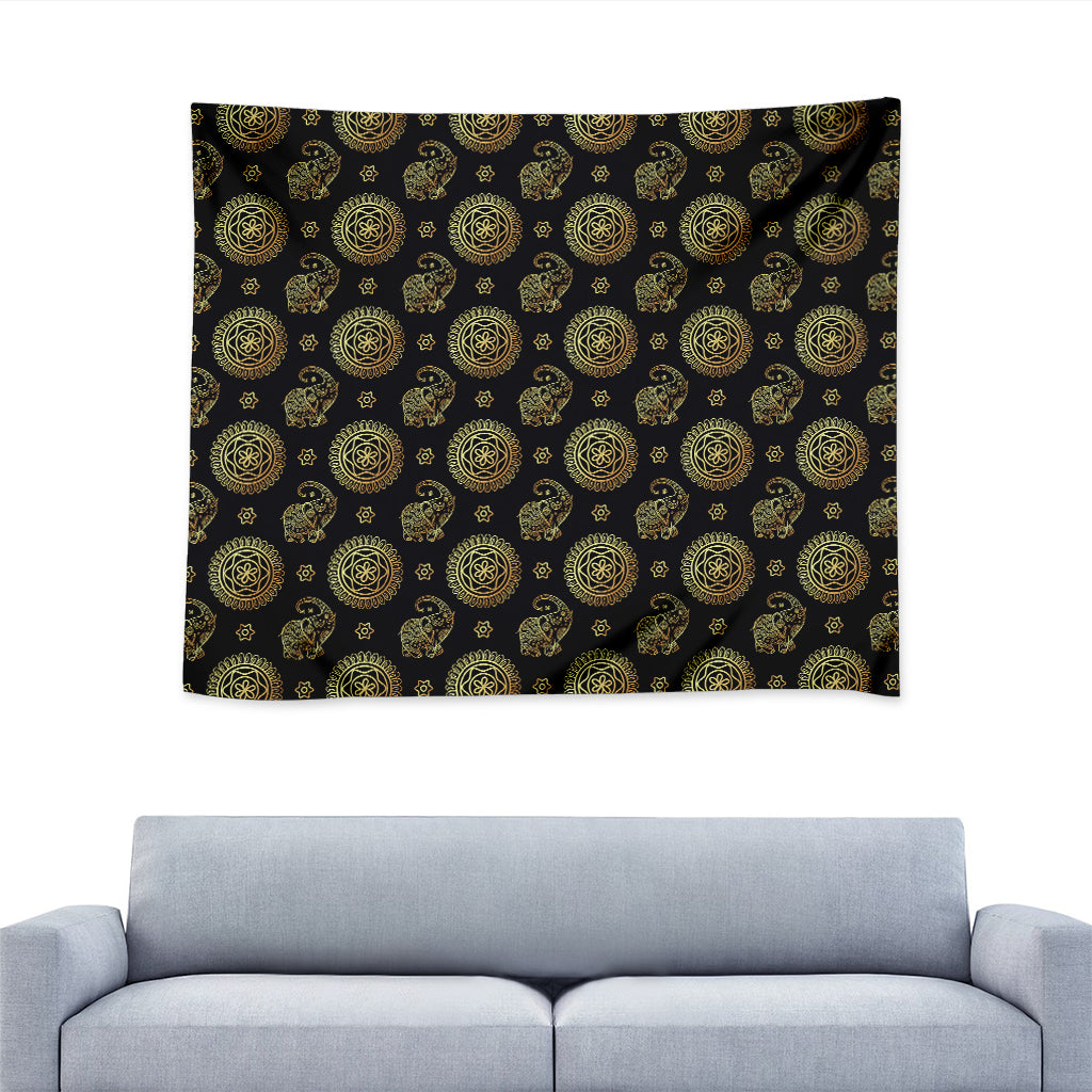 Blue And Gold Tribal Elephant Print Tapestry