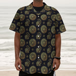 Blue And Gold Tribal Elephant Print Textured Short Sleeve Shirt