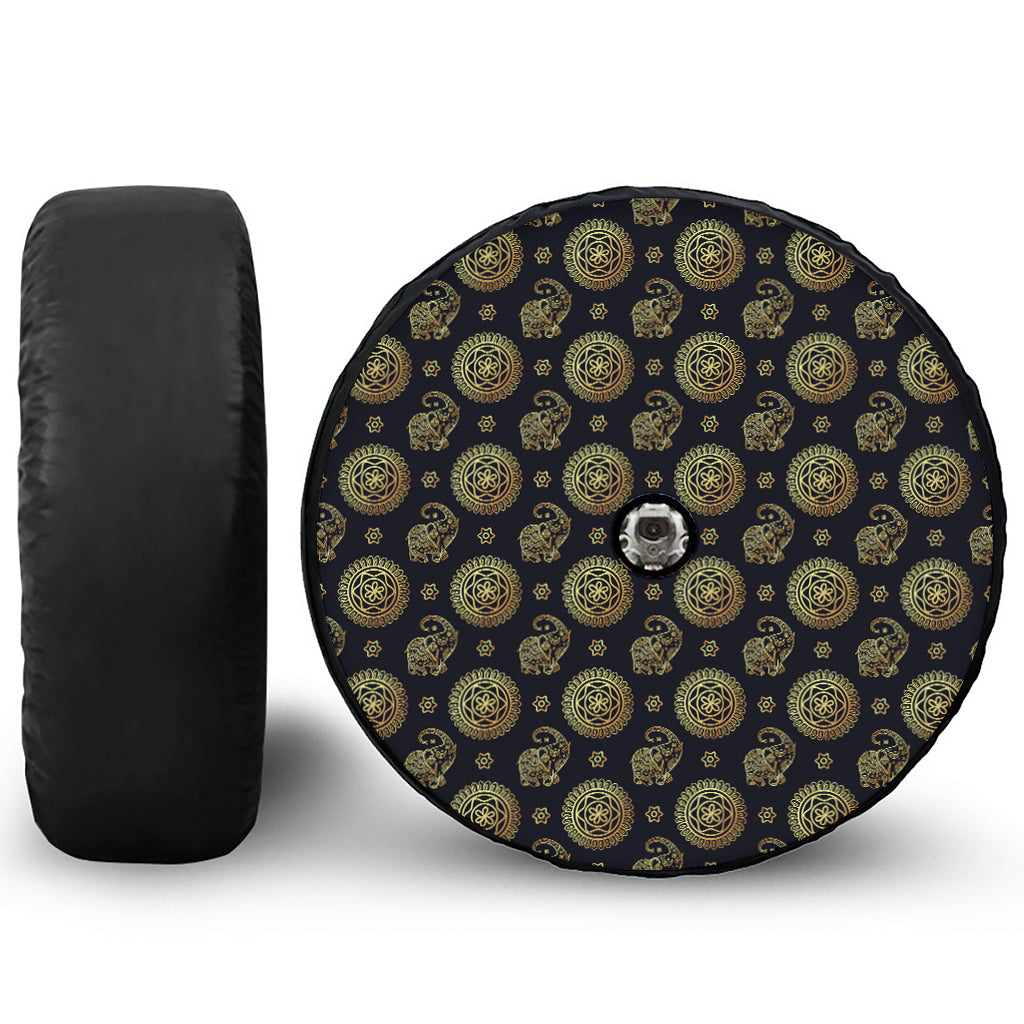 Blue And Gold Tribal Elephant Print Tire Cover With Camera Hole