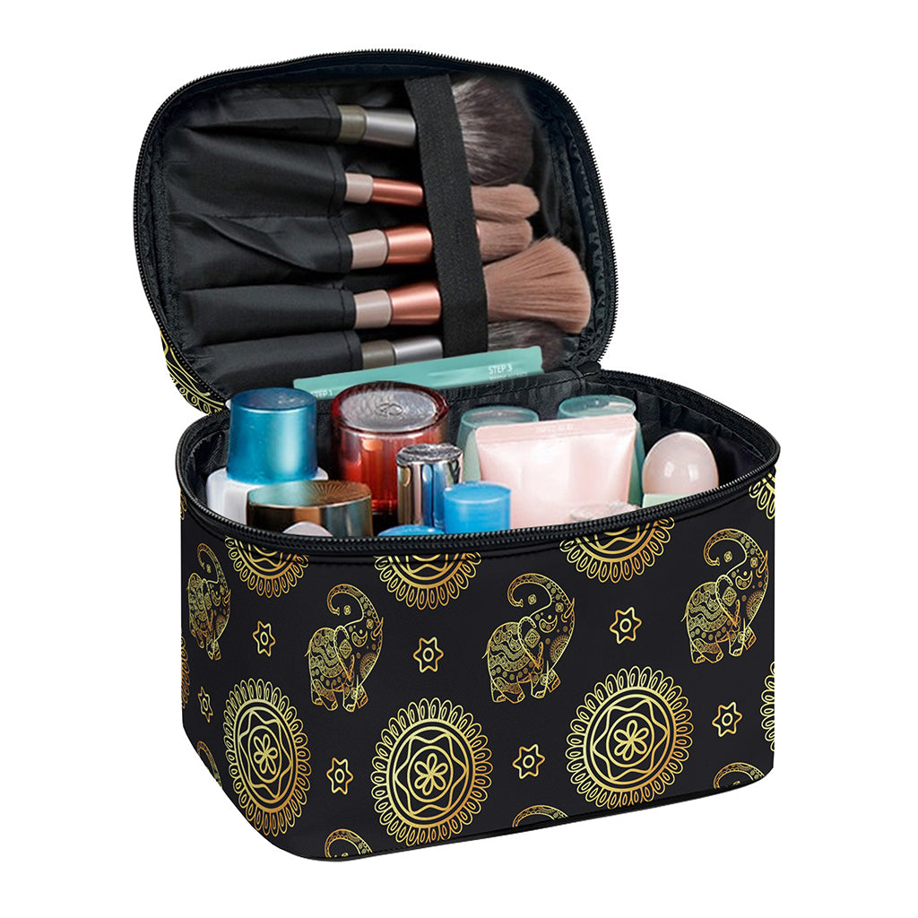 Blue And Gold Tribal Elephant Print Travel Makeup Bag