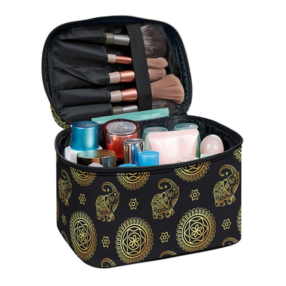 Blue And Gold Tribal Elephant Print Travel Makeup Bag