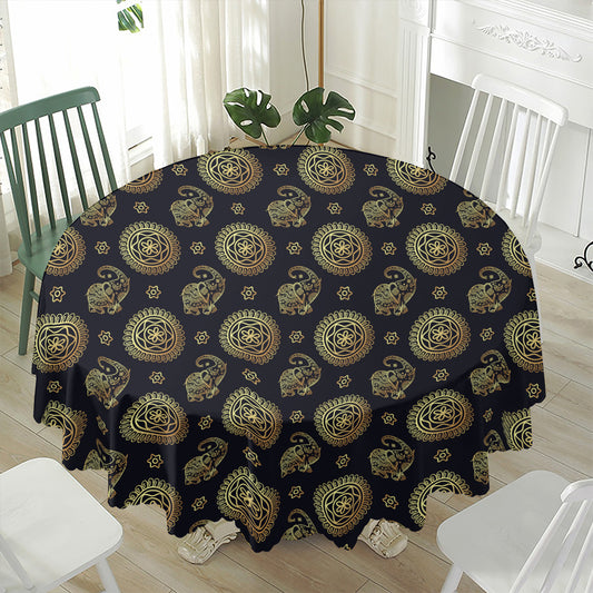 Blue And Gold Tribal Elephant Print Waterproof Round Tablecloth
