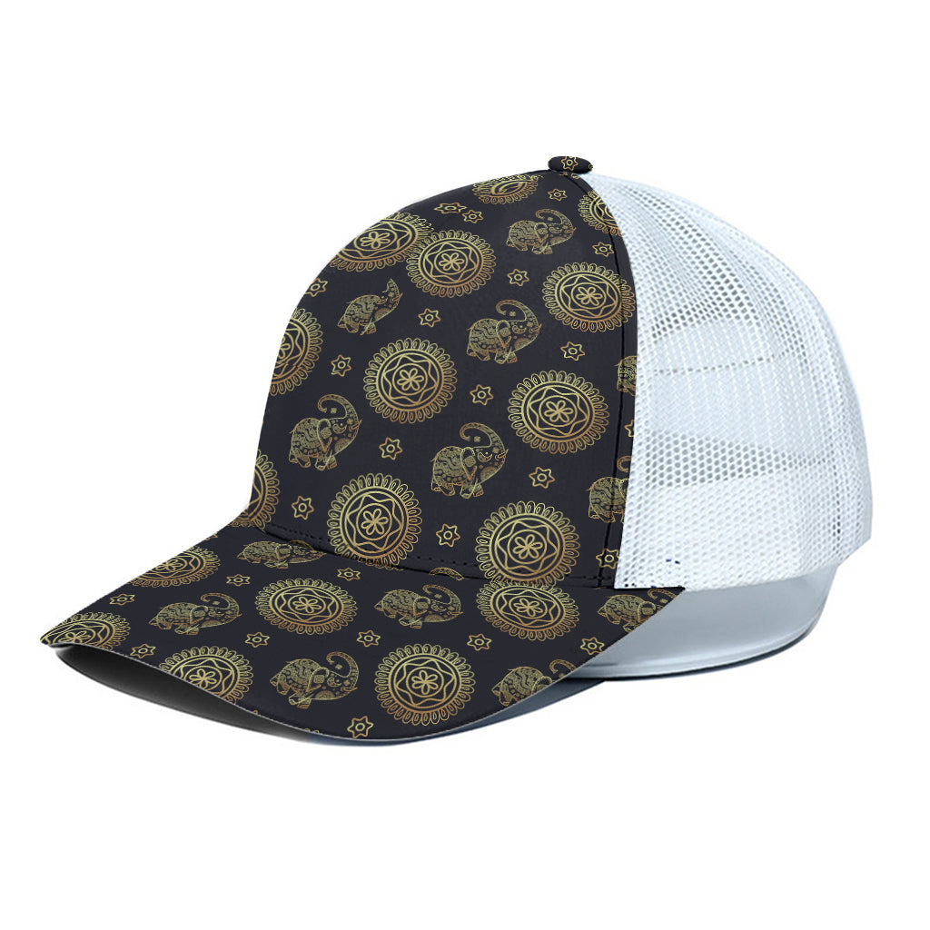 Blue And Gold Tribal Elephant Print White Mesh Trucker Cap
