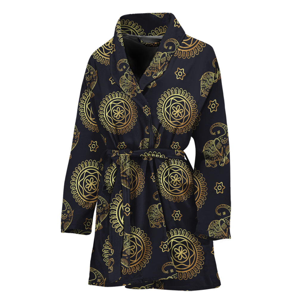 Blue And Gold Tribal Elephant Print Women's Bathrobe