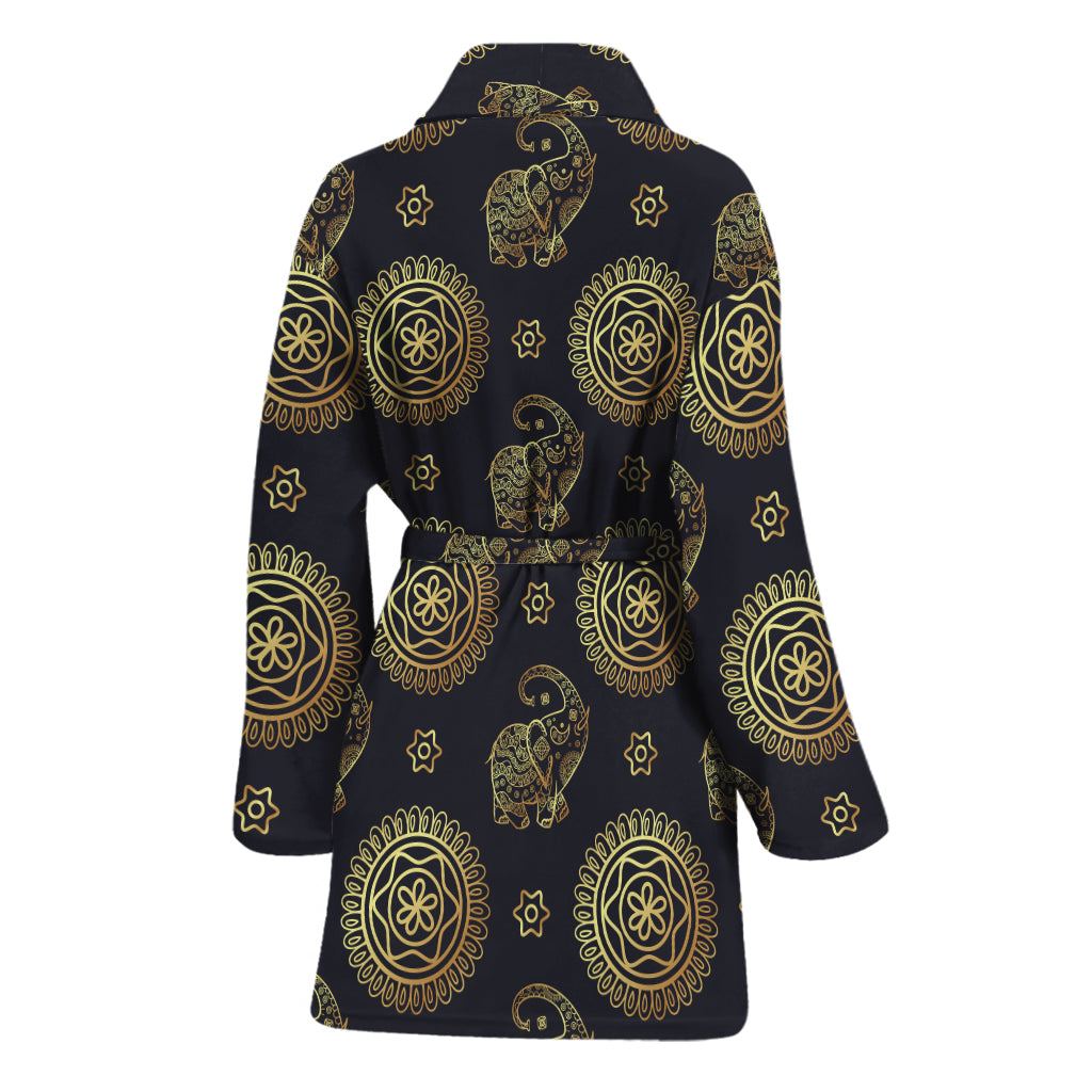 Blue And Gold Tribal Elephant Print Women's Bathrobe