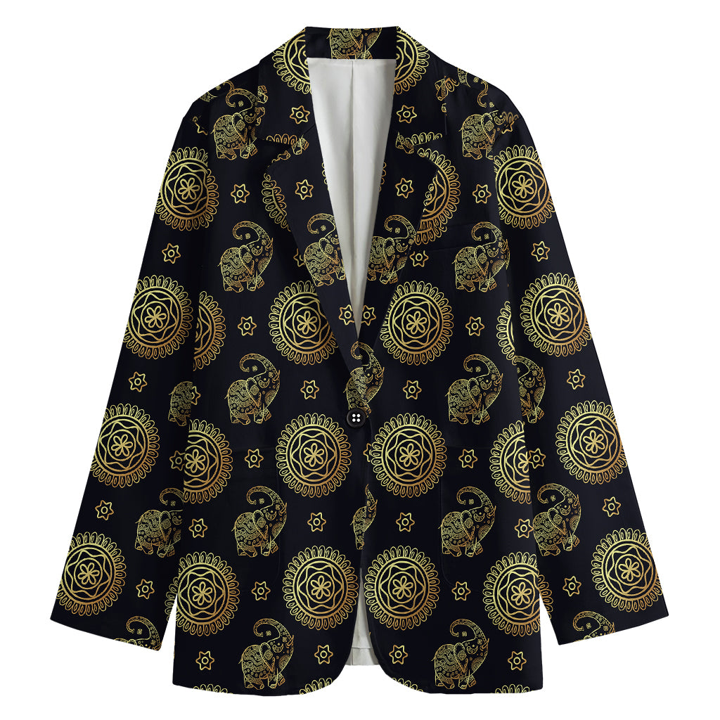 Blue And Gold Tribal Elephant Print Women's Blazer