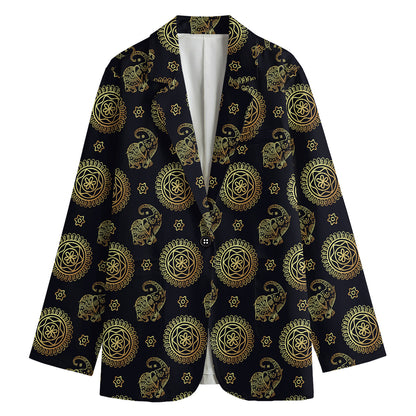 Blue And Gold Tribal Elephant Print Women's Blazer