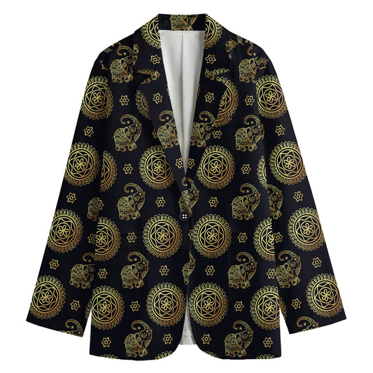 Blue And Gold Tribal Elephant Print Women's Blazer