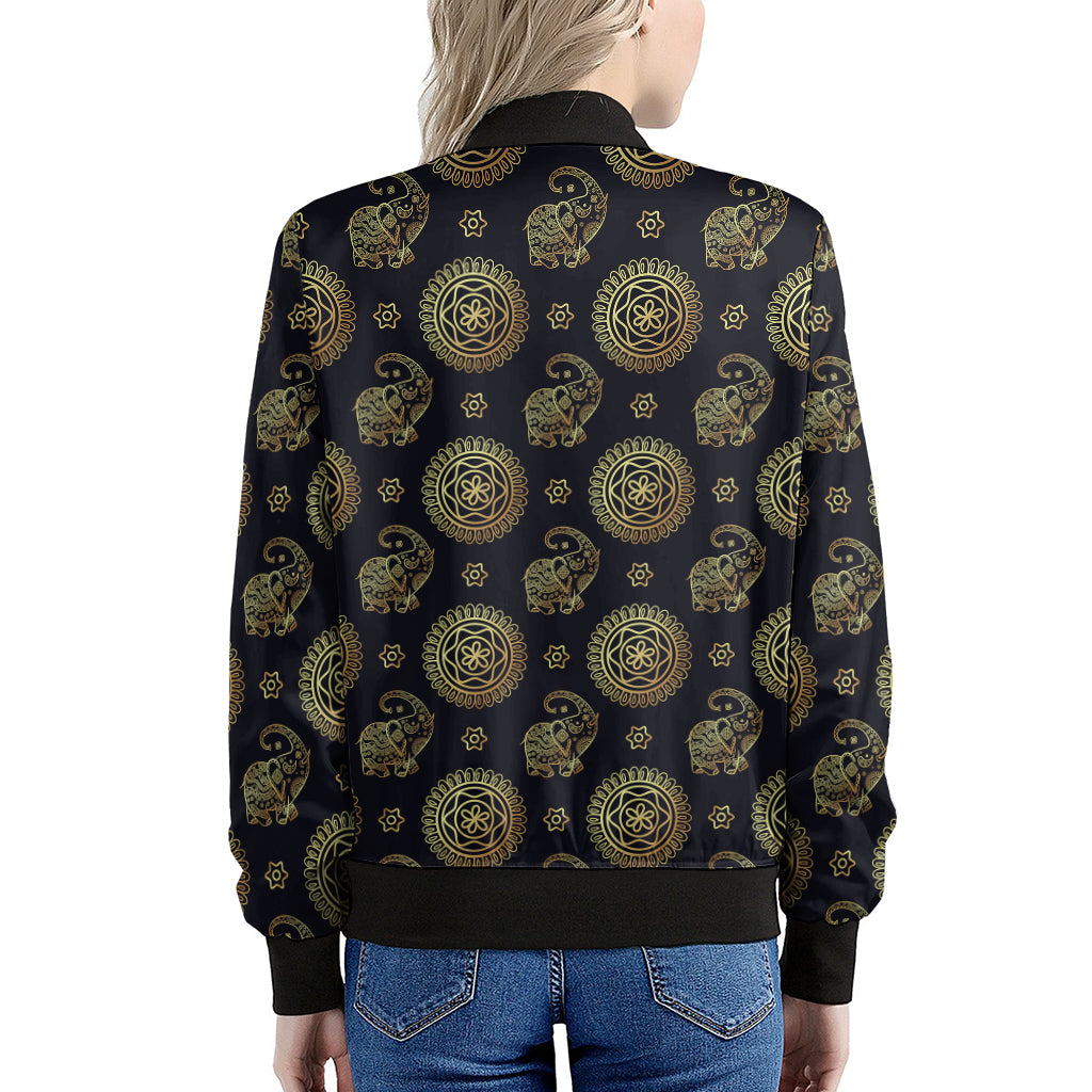 Blue And Gold Tribal Elephant Print Women's Bomber Jacket