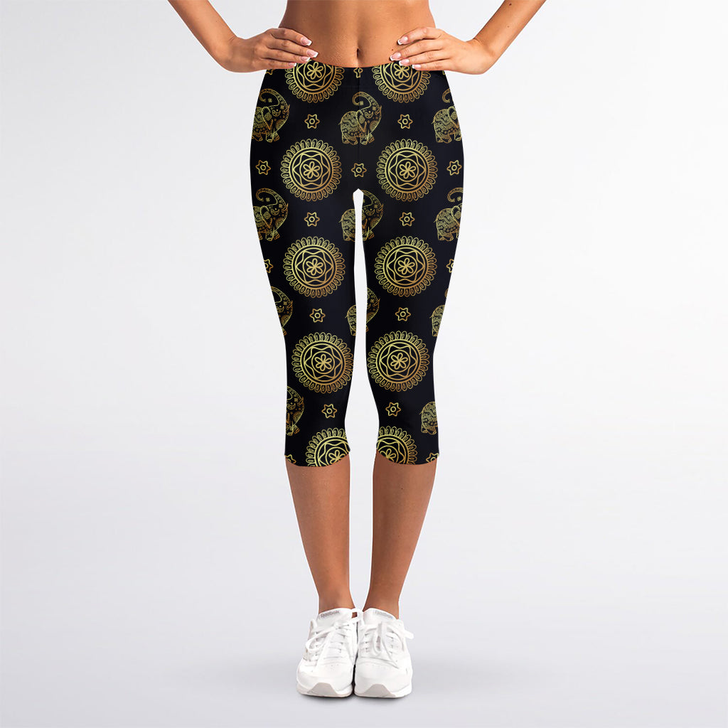 Blue And Gold Tribal Elephant Print Women's Capri Leggings