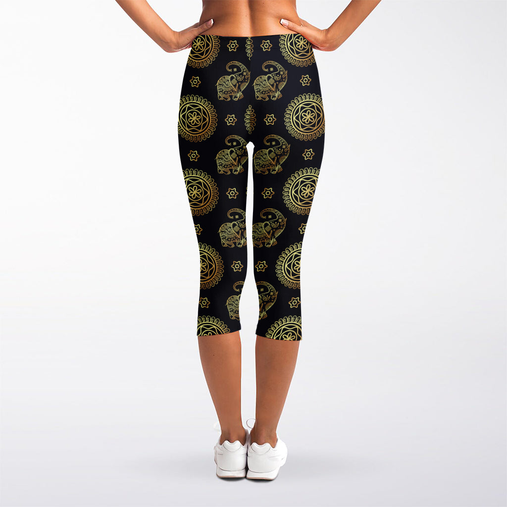 Blue And Gold Tribal Elephant Print Women's Capri Leggings