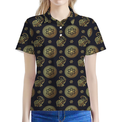 Blue And Gold Tribal Elephant Print Women's Polo Shirt