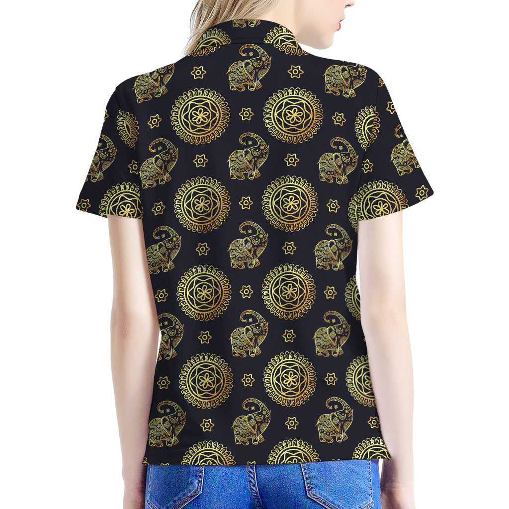 Blue And Gold Tribal Elephant Print Women's Polo Shirt