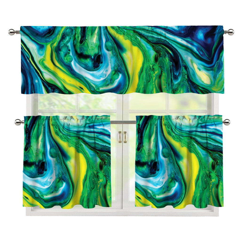 Blue And Green Acid Melt Print 3 Piece Kitchen Curtains