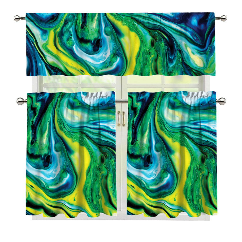 Blue And Green Acid Melt Print 3 Piece Kitchen Curtains
