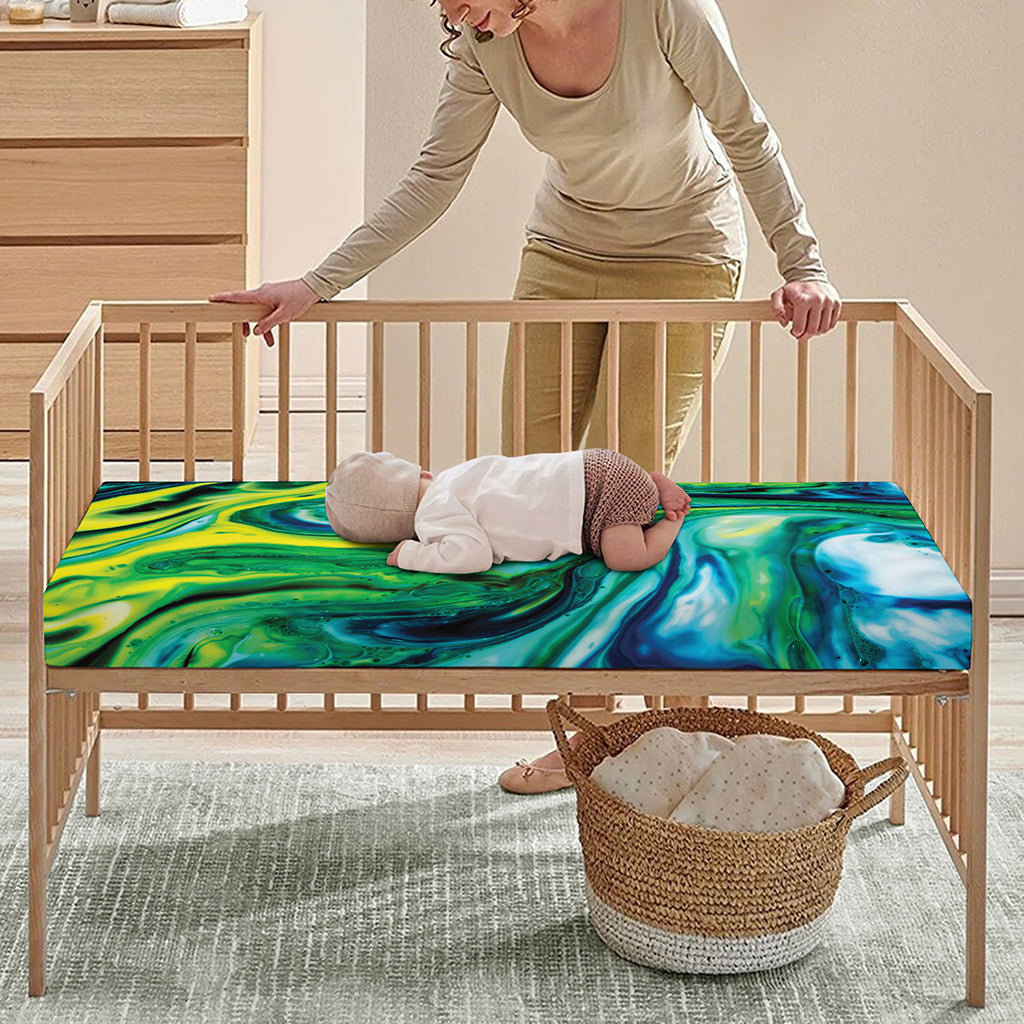 Blue And Green Acid Melt Print Baby Crib Sheet