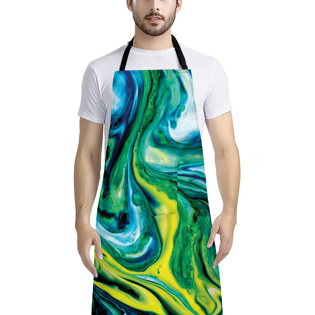 Blue And Green Acid Melt Print Bib Apron With Pocket