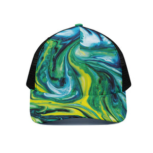 Blue And Green Acid Melt Print Black Mesh Trucker Cap