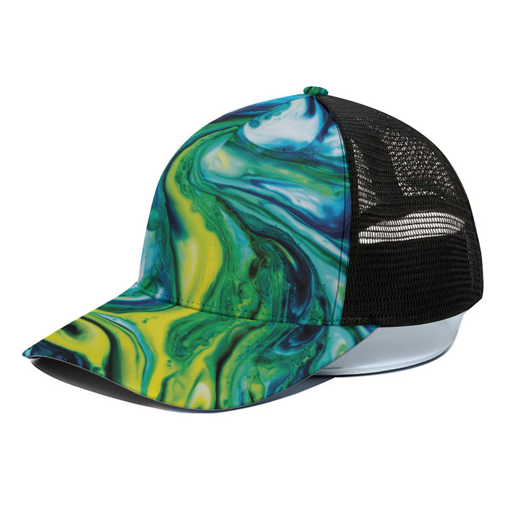 Blue And Green Acid Melt Print Black Mesh Trucker Cap