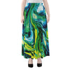 Blue And Green Acid Melt Print Chiffon Maxi Skirt