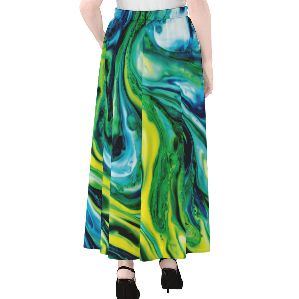 Blue And Green Acid Melt Print Chiffon Maxi Skirt