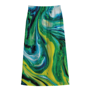 Blue And Green Acid Melt Print Cotton Front Slit Maxi Skirt