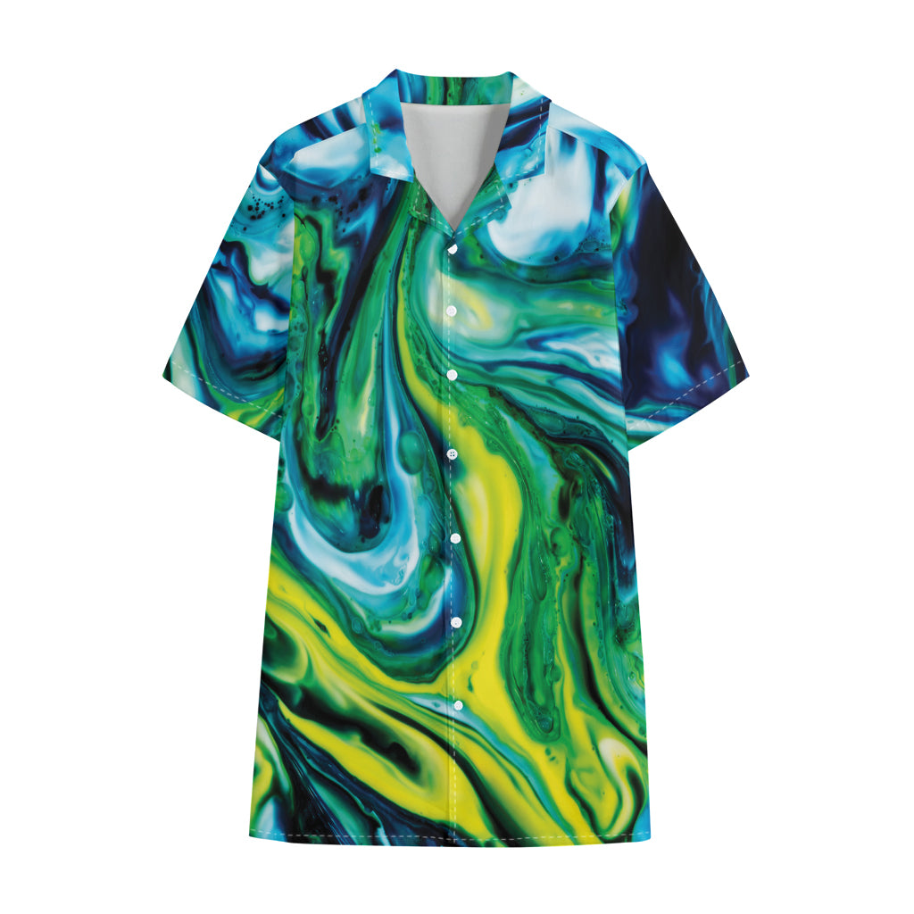 Blue And Green Acid Melt Print Cotton Hawaiian Shirt