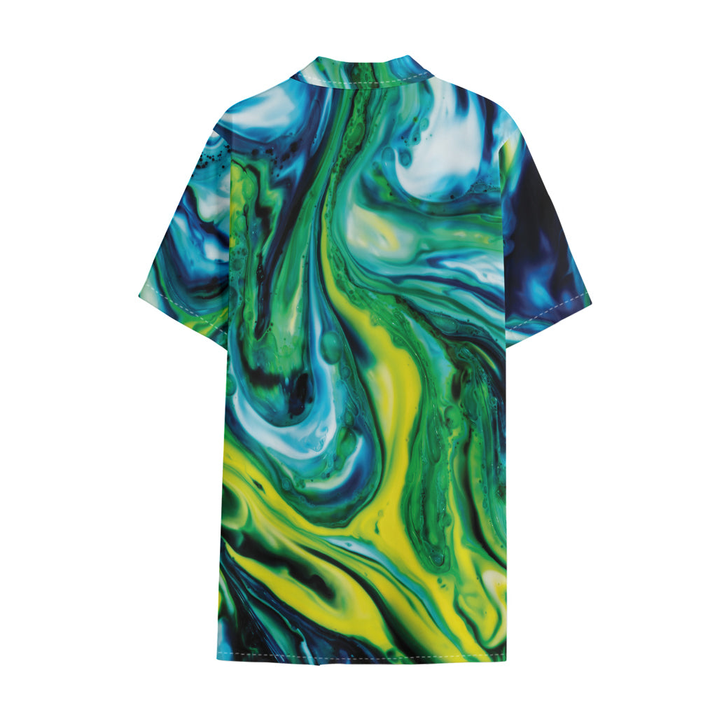 Blue And Green Acid Melt Print Cotton Hawaiian Shirt