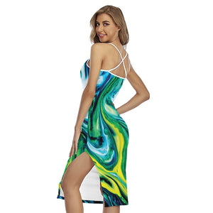 Blue And Green Acid Melt Print Cross Back Cami Dress