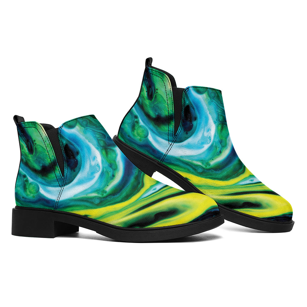 Blue And Green Acid Melt Print Flat Ankle Boots