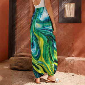 Blue And Green Acid Melt Print Harem Pants