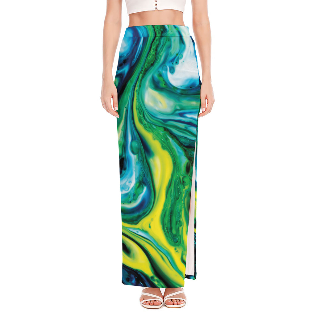 Blue And Green Acid Melt Print High Slit Maxi Skirt