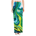 Blue And Green Acid Melt Print High Slit Maxi Skirt