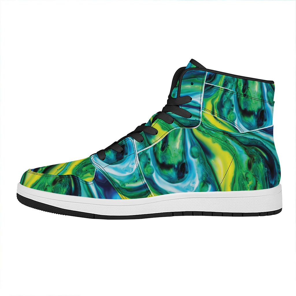 Blue And Green Acid Melt Print High Top Leather Sneakers