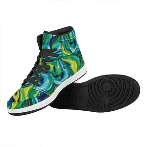 Blue And Green Acid Melt Print High Top Leather Sneakers