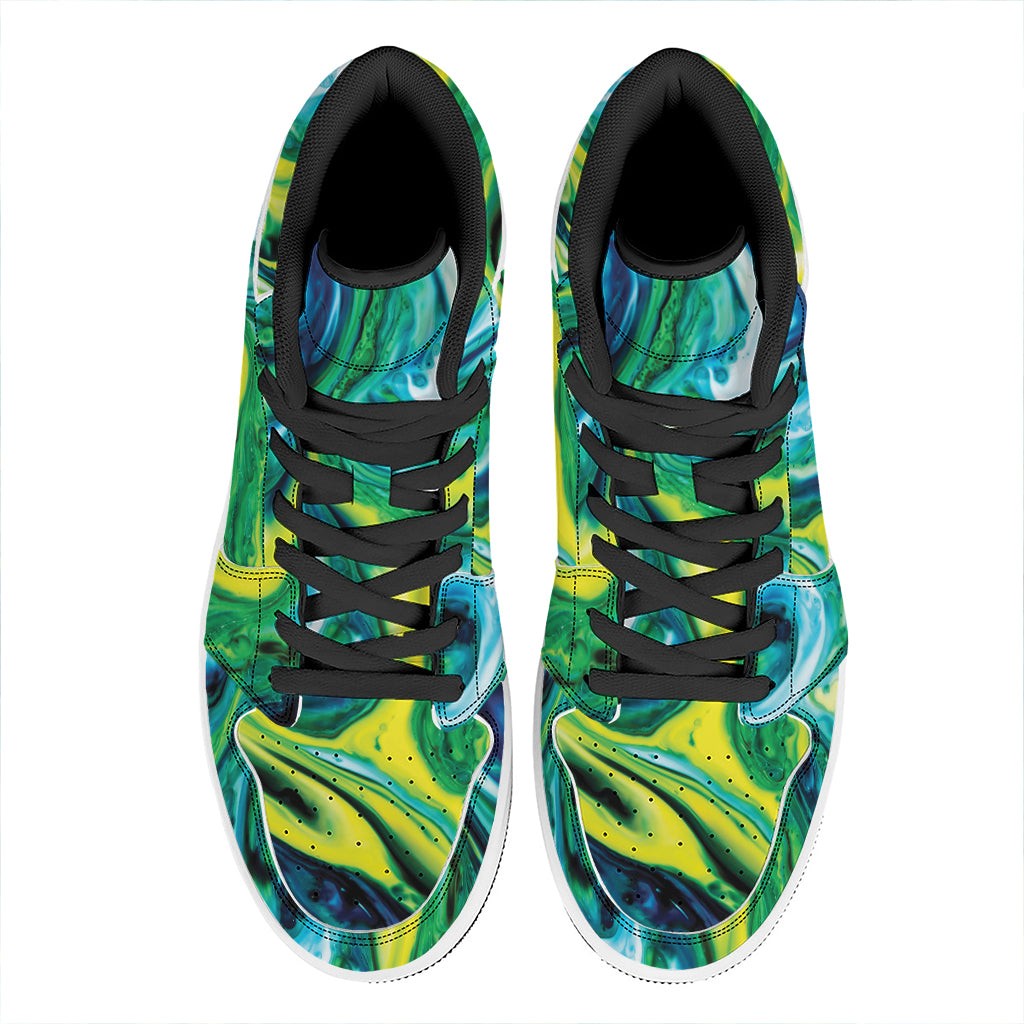 Blue And Green Acid Melt Print High Top Leather Sneakers