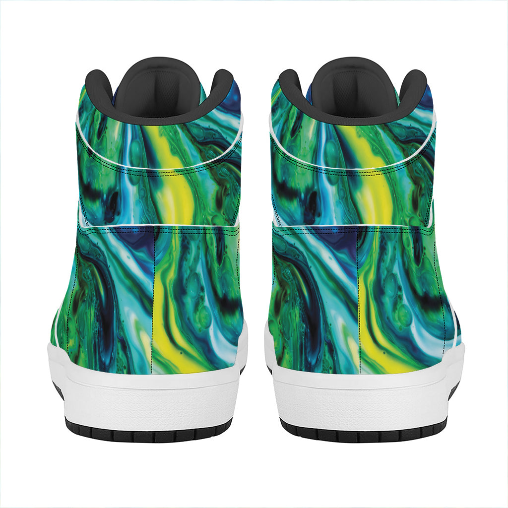 Blue And Green Acid Melt Print High Top Leather Sneakers