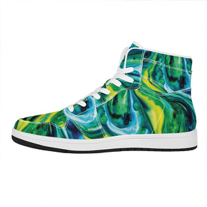 Blue And Green Acid Melt Print High Top Leather Sneakers