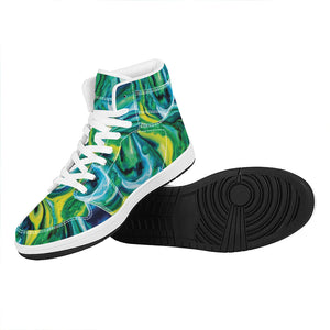 Blue And Green Acid Melt Print High Top Leather Sneakers