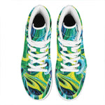 Blue And Green Acid Melt Print High Top Leather Sneakers