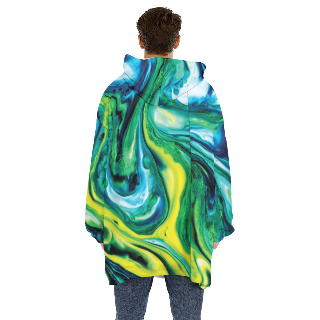 Blue And Green Acid Melt Print Hoodie Blanket