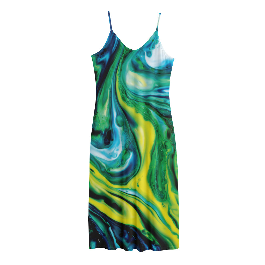 Blue And Green Acid Melt Print Jersey Midi Cami Dress