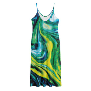 Blue And Green Acid Melt Print Jersey Midi Cami Dress